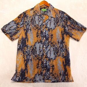 Giorgio Inserti Mens SS Abstract Button Shirt Medium Blue Open Collar MicroFiber